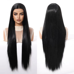 High Quality 32inch T-shaped Future Fiber Lace Front Wig Soft and Smooth Black Lace Wig Real Photo