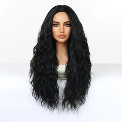 Synthetic Fiber Wig African Curly Super Wave Pure Black Elastic Cap Bangs Dark Long Heat-Resistant Loose Wave Style