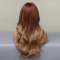 Red Brown Layered Gradient Long Synthetic Wig With Bangs Wave Wig Curly Natural Wig Durable Smooth Real Photos