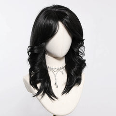 Fully Stocked Pure Black Ombre Medium Length Synthetic Wig With Bang Wig Curly Natural Wig Durable and Smooth Scene Photo