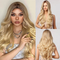 MOQ1 Long Light Golden Body Wave Synthetic Wigs Middle Part Blonde Curly Wig High Quality Soft Hair