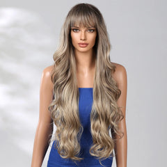 34 Inch Extra Long Heat Resistant Fiber Wig Golden Layered Large Wave Curly Synthetic Wig Curly Hair Matte High Density