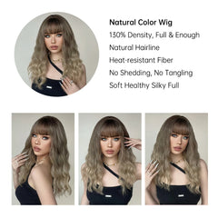 Synthetic Ombre Ash Light Brown Curly Wig with Bangs Middle Length Wavy Natural Hair Wigs Heat Resistant