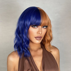 Pink Gold Blue Ombre Bang Bob Synthetic Wig Short Curly Hair Durable Matte Real Photo