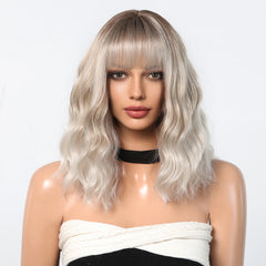 Stock Enough Blonde White Ombre Medium Length Synthetic Wig With Bang Wave Wig Curly Natural Wig Durable Smooth Live Photos