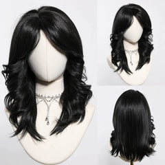 Fully Stocked Pure Black Ombre Medium Length Synthetic Wig With Bang Wig Curly Natural Wig Durable and Smooth Scene Photo