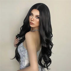 MOQ1 Long Black Body Wave Synthetic Hair Wig Middle Parting Black Natural Curly Wig for Women Heat Resistant