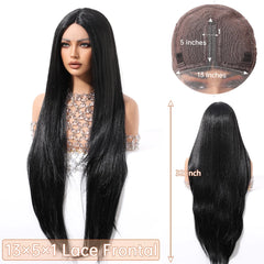 Future Fiber 32-Inch 13x1x6 T-Shaped Lace Front Wig Soft Smooth Black Lace Wig Closed Cap Real Photo Straight Style Transparent