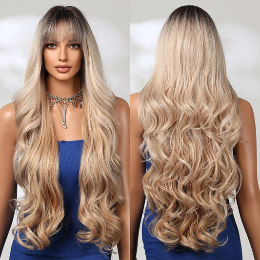 34 Inch Stock Heat Resistant Fiber Wig Blonde Layered Big Wave Super Long Curly Synthetic Wig Curly Hair Matte High Density