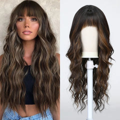 Red Brown Layered Gradient Long Synthetic Wig With Bangs Wave Wig Curly Natural Wig Durable Smooth Real Photos