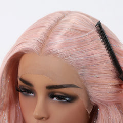 Natural Pink Synthetic Fiber Lace Wig with Long Curly Body Wave Soft Breathable Closed Cap Real-Life Photo of Loose Waves