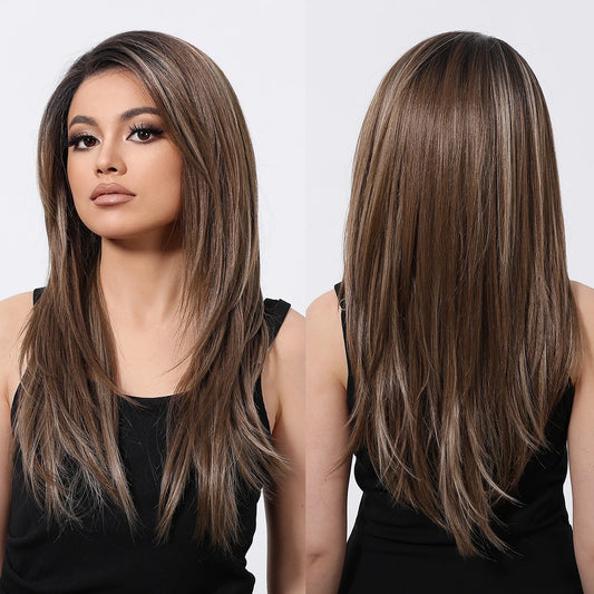13x6 HD U Lace Wig Synthetic Future Fiber Long Straight Natural Body Wave Dark Brown Stripes White Real Photo Video