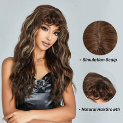 Dark Brown Kinky Curly Wave Mixed Blonde Synthetic Wigs with Bangs Deep Wave Long Hair Wig for Women