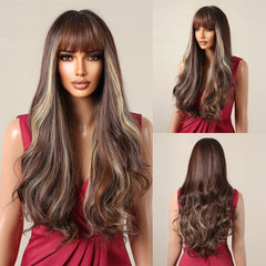 Dark Brown Kinky Curly Wave Mixed Blonde Synthetic Wigs with Bangs Deep Wave Long Hair Wig for Women