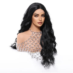 Synthetic Fiber Lace Wig with Natural & Body Waves Soft Breathable Closed Cap Loose Black Real Photo Future Fiber Curly Waves