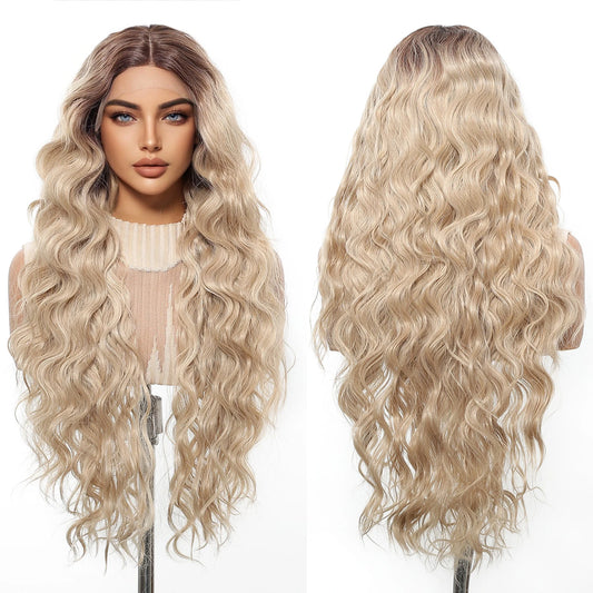 Mixed for Ombre Blonde Curly Brown Heat-Resistant Future Fiber Soft Breathable Closed Cap Lace Wig Natural Loose Wave Real Photo