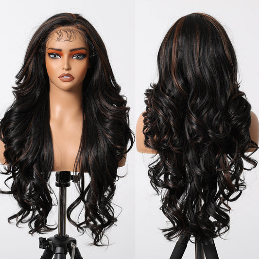 13*6 Large Area Lace Wig Synthetic Future Fiber Long Natural Multi-Layer Soft Wave Wig Color Mixing High Density Black Red 3898