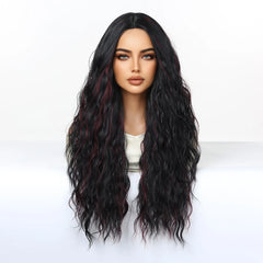 Synthetic Fiber Wig Natural Wave African Curly Super Wave Black Wig Red Striped Elastic Cap Bangs Long Heat-Resistant