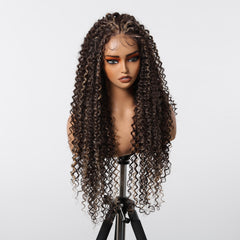 Long 13x6 Lace Synthetic Wigs Dark Brown Highlight Curly Wig for Black Women Natural High Density Daily Use