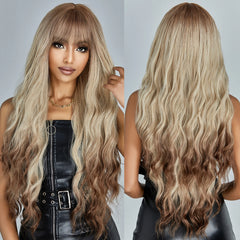 MOQ1 Ombre Blonde Brown Curly Wig Long Wave Hair Wigs with Bangs for White Women Synthetic Wig with Dark Roots Daily Use