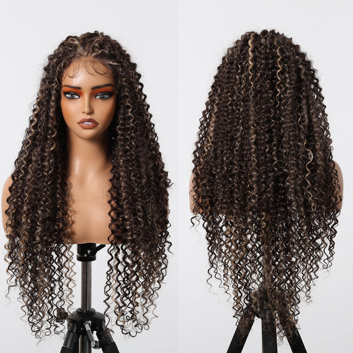 Long 13x6 Lace Synthetic Wigs Dark Brown Highlight Curly Wig for Black Women Natural High Density Daily Use