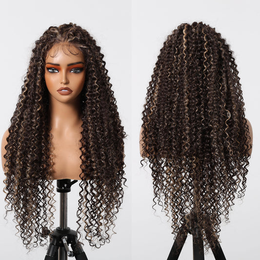 Long 13x6 Lace Synthetic Wigs Dark Brown Highlight Curly Wig for Black Women Natural High Density Daily Use