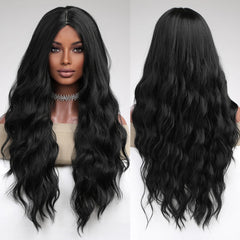 MOQ1 Long Black Body Wave Synthetic Hair Wig Middle Parting Black Natural Curly Wig for Women Heat Resistant
