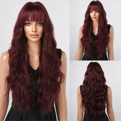 Copper Red Brown Synthetic Wigs Long Curly Wave Auburn Wigs with Bangs for Cosplay Daily Natural