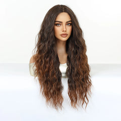 Synthetic Future Fiber Long Medium Brown Ombre Light Brown Mixed Stripes Highlights Elastic Cap Natural Loose Wavy No Bangs Wig