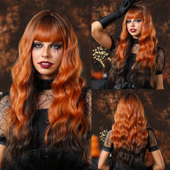 Curly Orange Copper Ginger Ombre Blonde Long Wavy Wigs with Bangs for Women Cosplay Christmas Wig