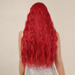 Pure Red Long Wavy Curly Synthetic Wig Heat-Resistant Clip Soft Elastic Cap Real Photo-High Temperature Fiber Water Body Wave