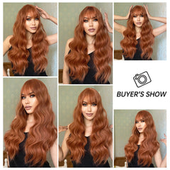 Copper Red Brown Synthetic Wigs Long Curly Wave Auburn Wigs with Bangs for Cosplay Daily Natural