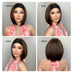 Bob Brown Ombre Gold Stripe Mixed Straight Hairband Wig Synthetic Wig Elastic Cap Heat-resistant Breathable Cap Real Photo