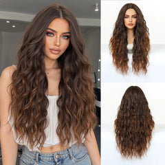 Synthetic Future Fiber Long Red-Brown for Ombre Mixed Stripes Wig Elastic Cap Natural Loose Wavy No Bangs Water Wave Style