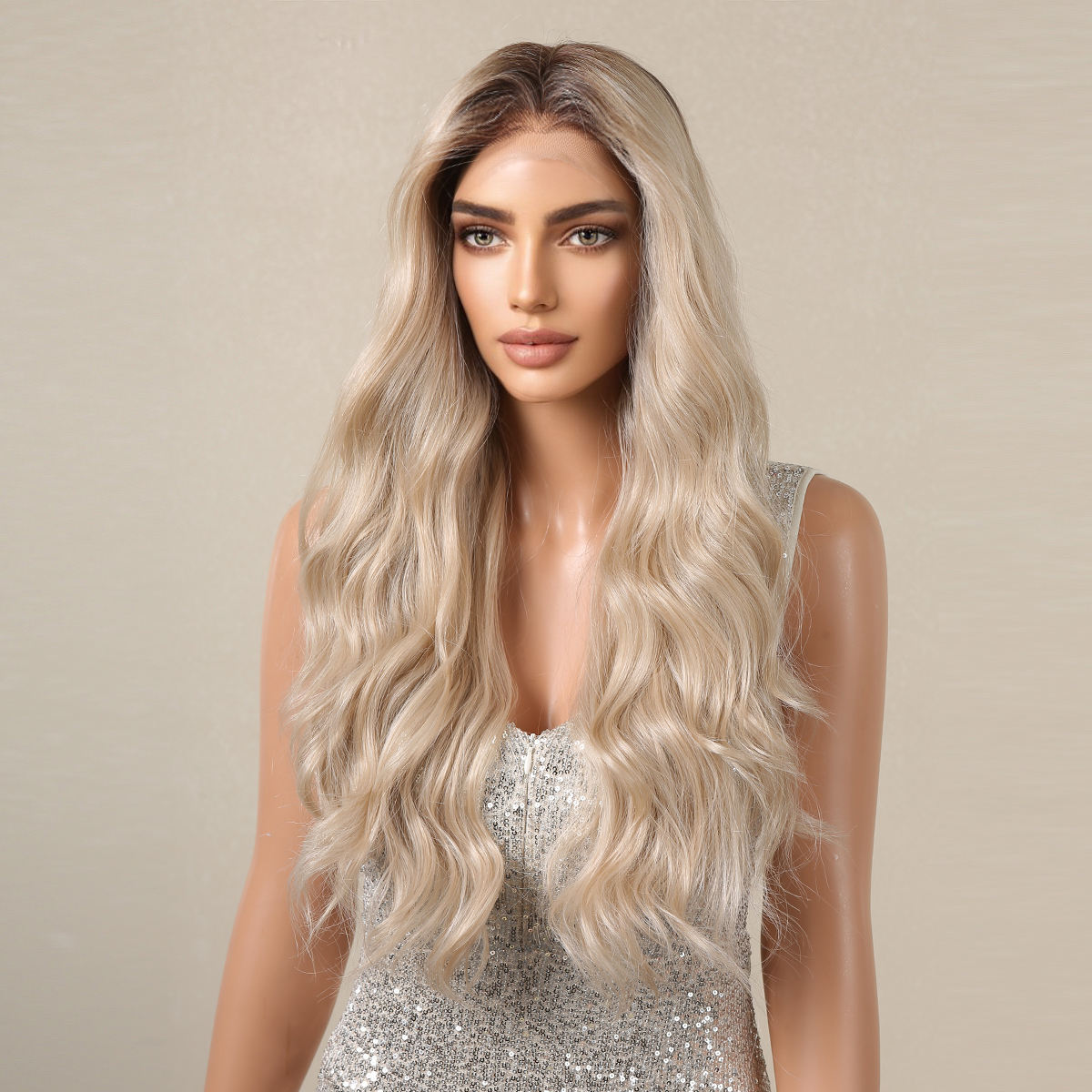 Japan Fiber 13*4 Lace Frontal Blonde Synthetic Wig Long Ombre Blonde Wave Lace Wig for Women Natural Hairline Wig