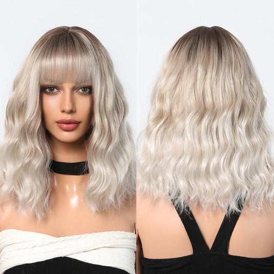 Stock Enough Blonde White Ombre Medium Length Synthetic Wig With Bang Wave Wig Curly Natural Wig Durable Smooth Live Photos