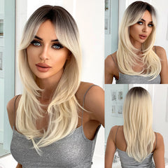 Direct Deep Brown Black Ombre Highlight Wig Elastic Cap High-Temperature Fiber Synthetic Hair Real Photo Straight Style