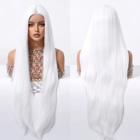 Future Fiber 32inch T-shaped Lace Front Wig Soft and Smooth White Silver Lace Wig Closed Cap Real Photo
