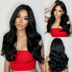 MOQ1 Long Black Body Wave Synthetic Hair Wig Middle Parting Black Natural Curly Wig for Women Heat Resistant