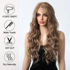 13*6 Synthetic Lace Front Wigs Brown with Blonde Highlight Lace Wigs with Baby Hair for Afro Women Daily Heat Resistant
