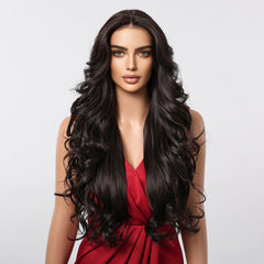 13*6 Large Area Lace Wig Synthetic Future Fiber Long Natural Layered Soft Wave Wig Color Mixing High Density Black Dark Brown