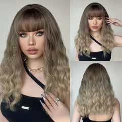 Synthetic Ombre Ash Light Brown Curly Wig with Bangs Middle Length Wavy Natural Hair Wigs Heat Resistant