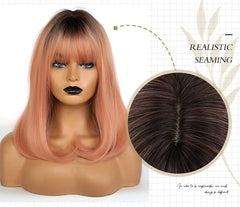OEM/ODM Dark brown amber Pink Medium straight hair with bangs natural women's wig role play / daily synthetic hair