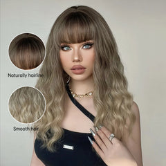 Synthetic Ombre Ash Light Brown Curly Wig with Bangs Middle Length Wavy Natural Hair Wigs Heat Resistant
