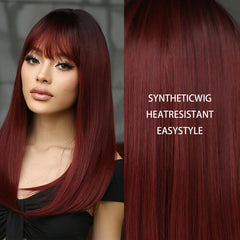 Fast Delivery Long Burgundy Straight Synthetic Heat Resistant Wigs with Bangs Ombre Wine Red Wig for Women Afro